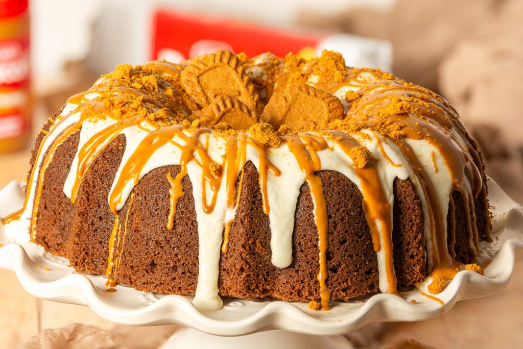 biscoff cookie butter bundt cake on a cake stand