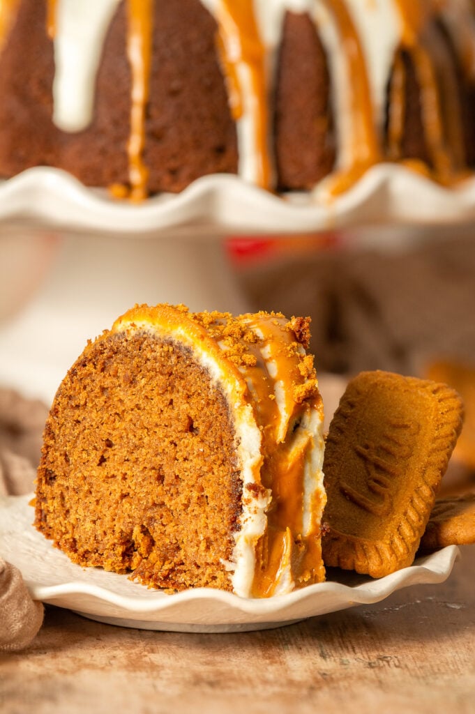 slice of biscoff cookie butter cake on a plate
