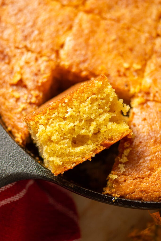 Jiffy cornbread in a cast iron skillet