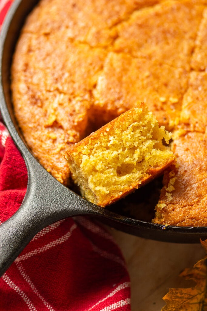 Jiffy cornbread in a cast-iron skillet