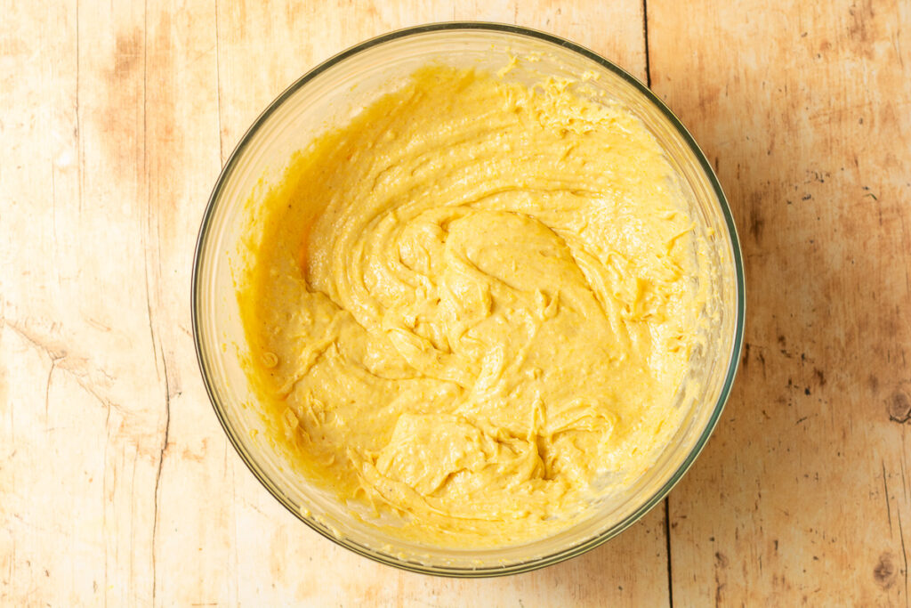 cornbread batter in a mixing bowl