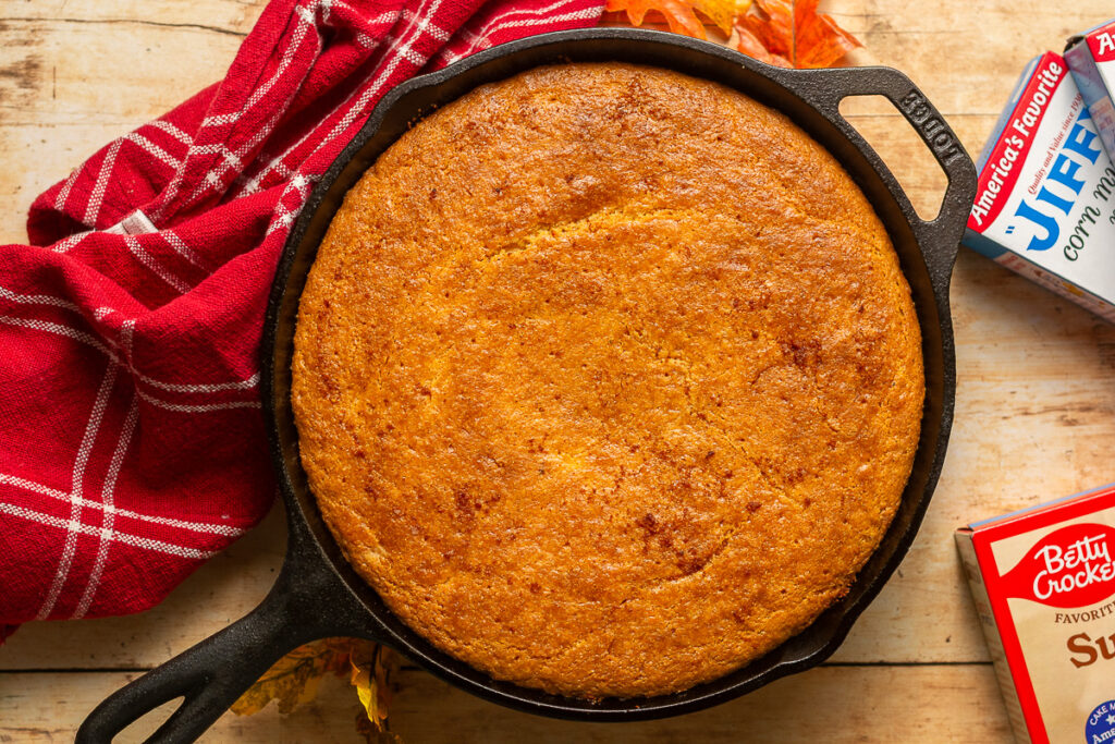 Jiffy cornbread in a cast iron skillet