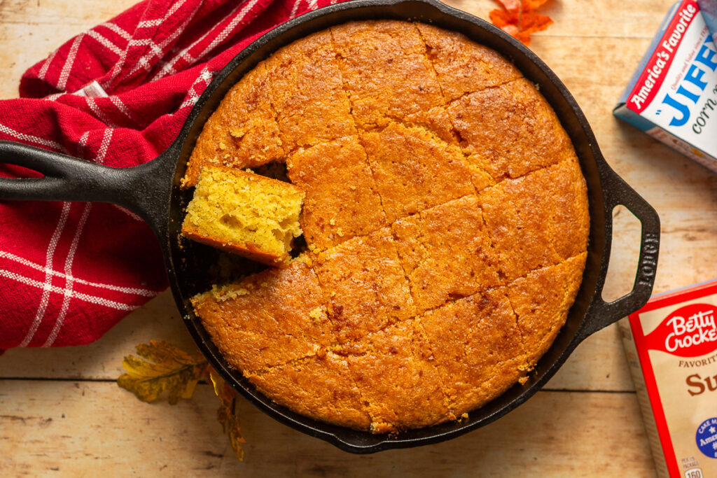 Jiffy cornbread in a cast iron skillet