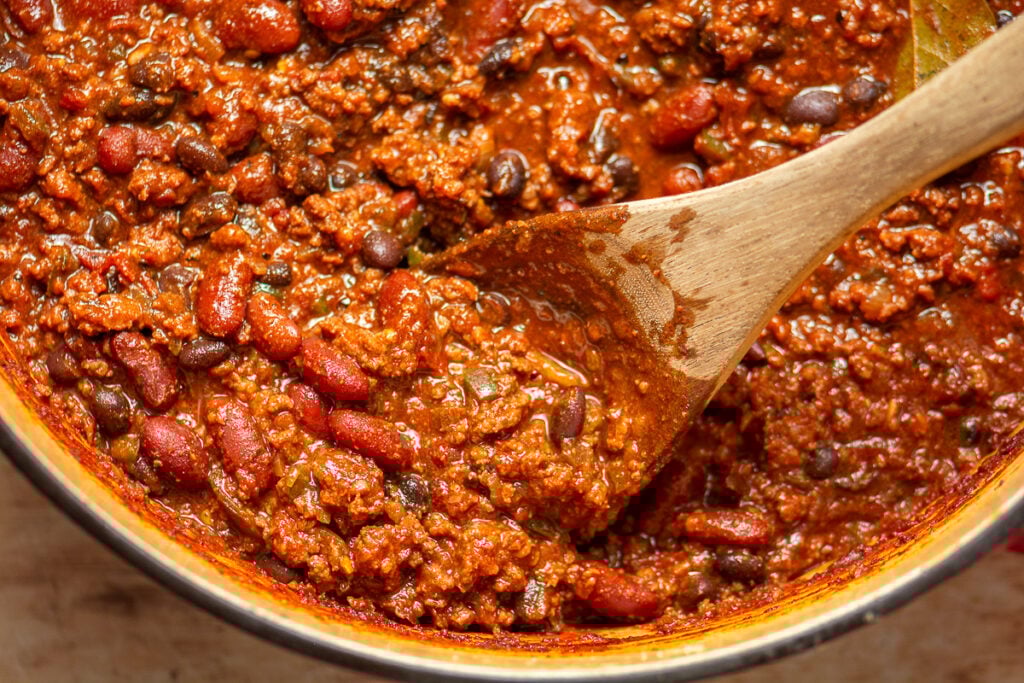 beef and chorizo chili in a dutch oven