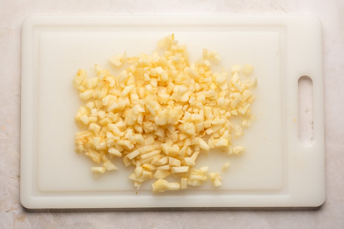 diced Bosc pears on a cutting board