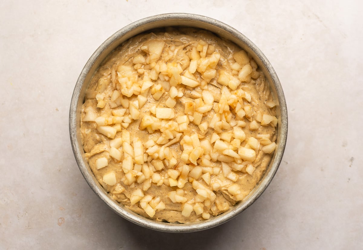 spiced pear crumb cake with diced pear topping