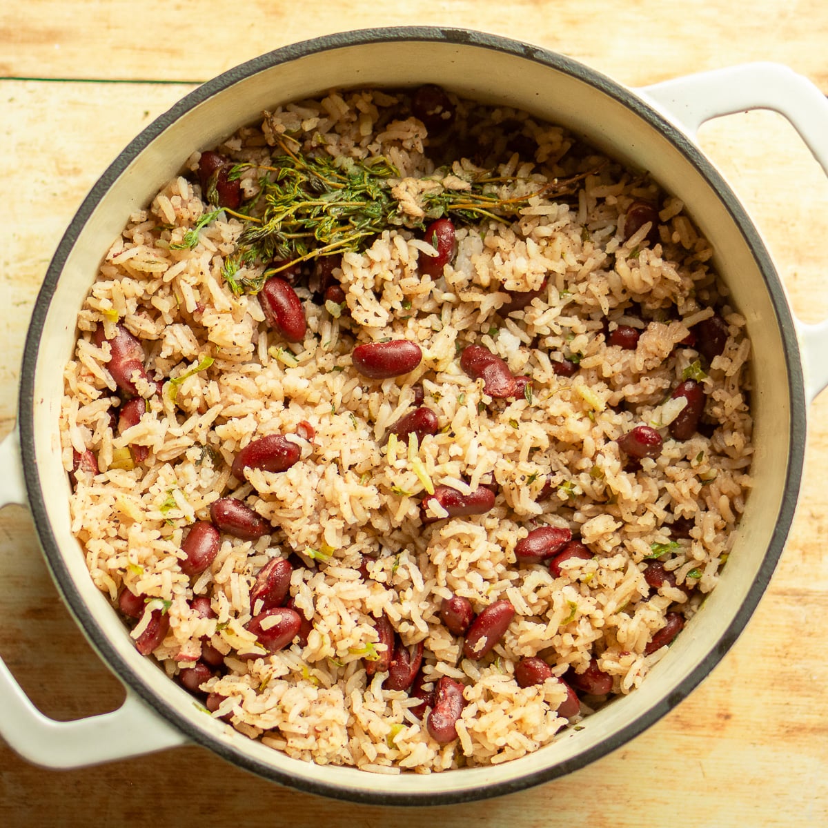 cooked Jamaican Rice and Peas in a dutch oven.