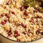 Jamaican rice and peans in a dutch oven.