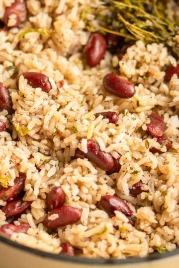 Jamaican rice and peans in a dutch oven.