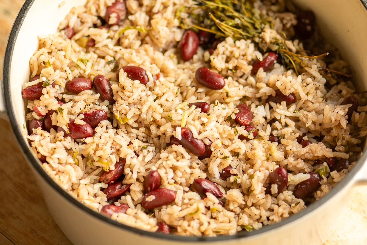 Jamaican rice and peans in a dutch oven.