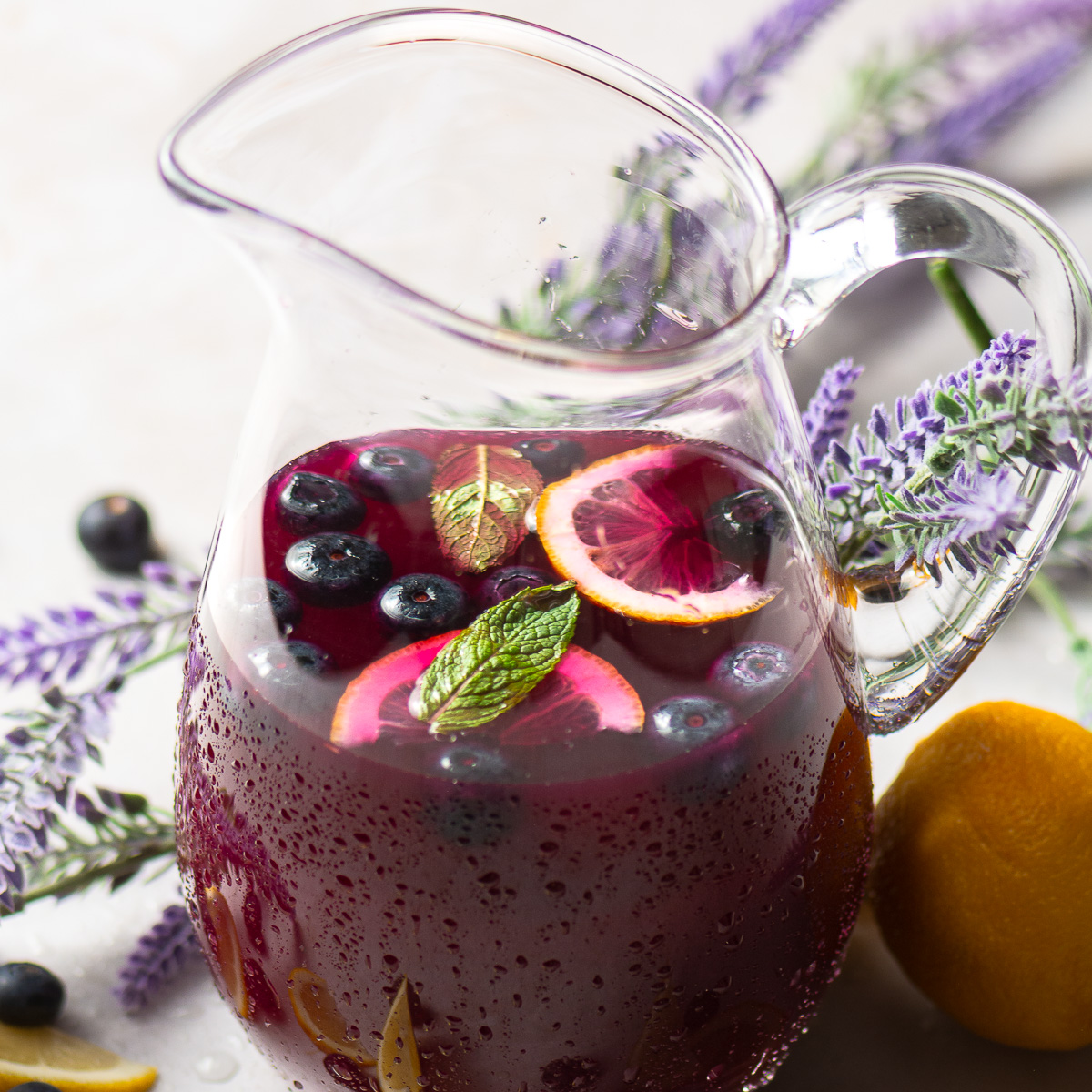 blueberry lavender lemonade in a pitcher.