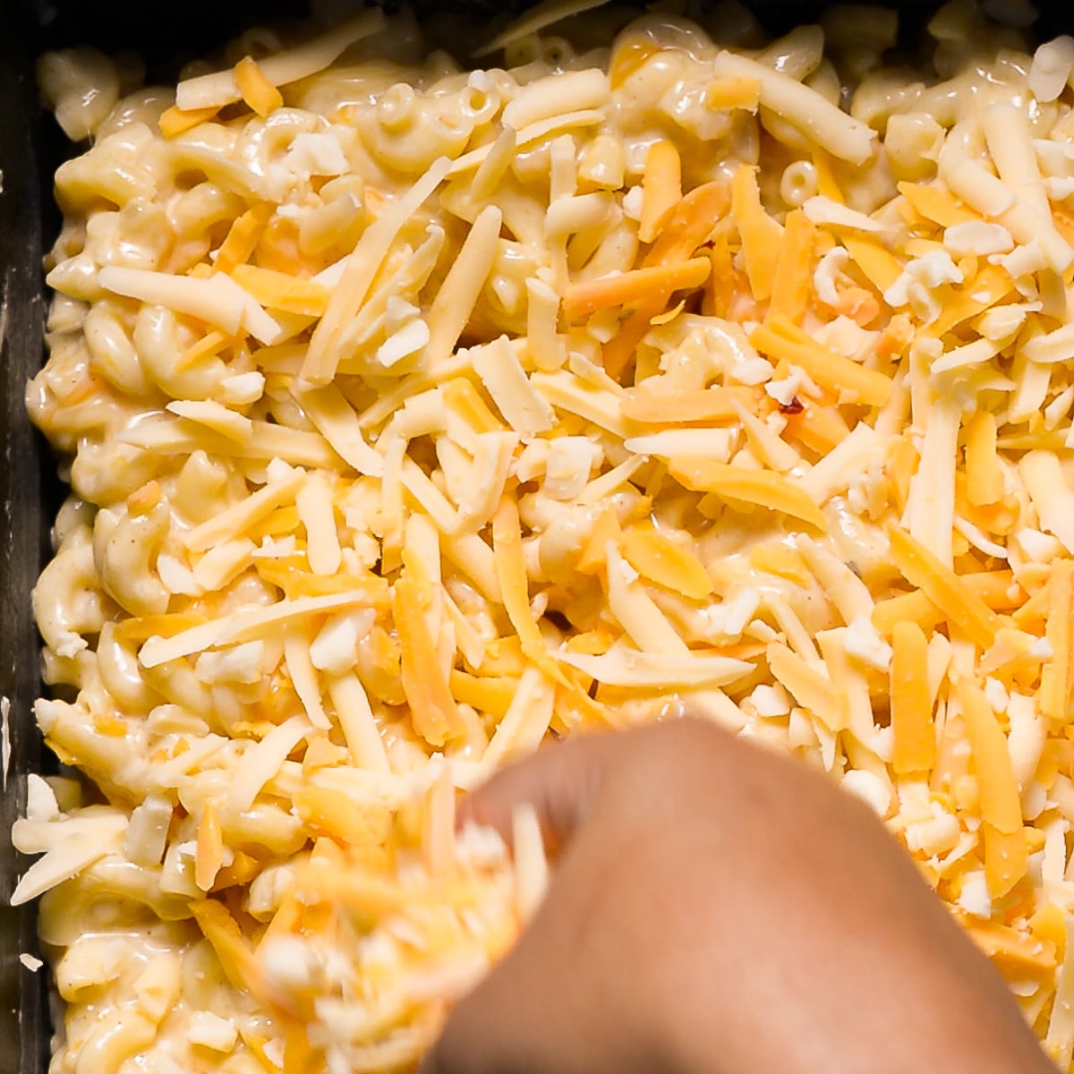 layering mac and cheese mixture with shredded cheese in a cast iron casserole dish.