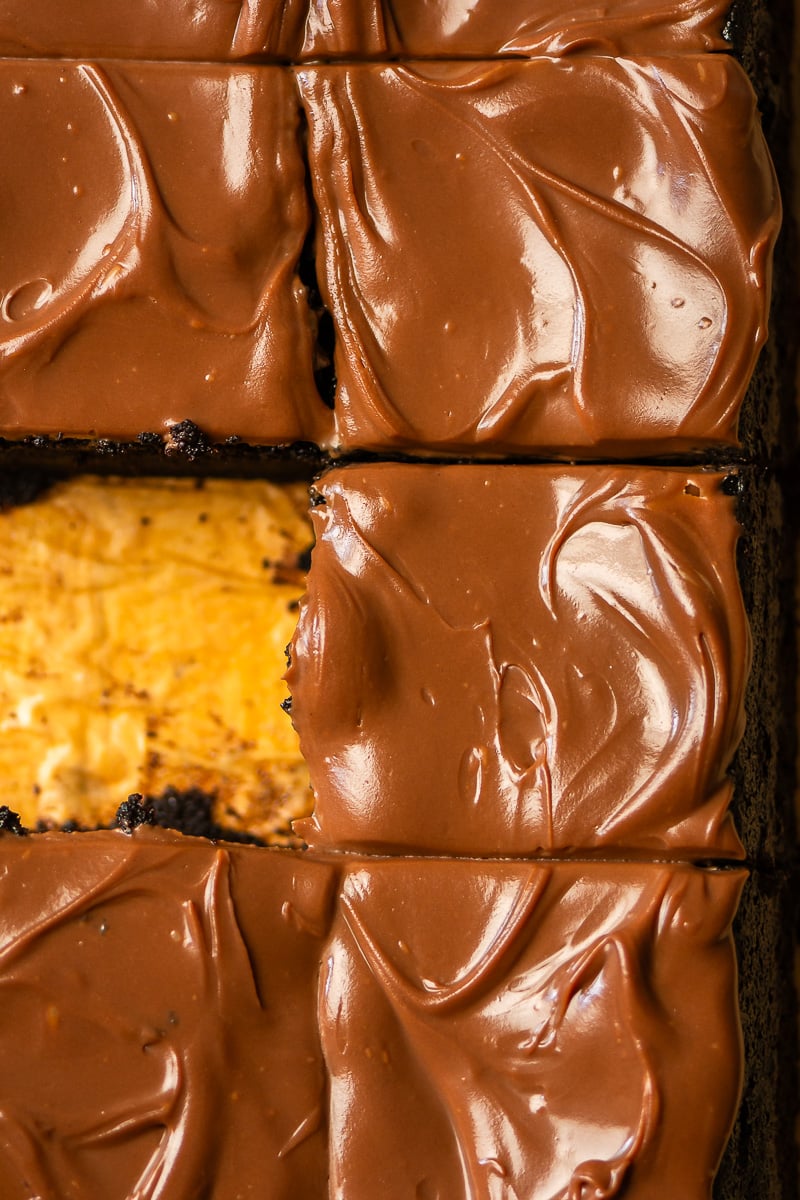 sliced double chocolate cake with milk chocolate water ganache on parchment paper