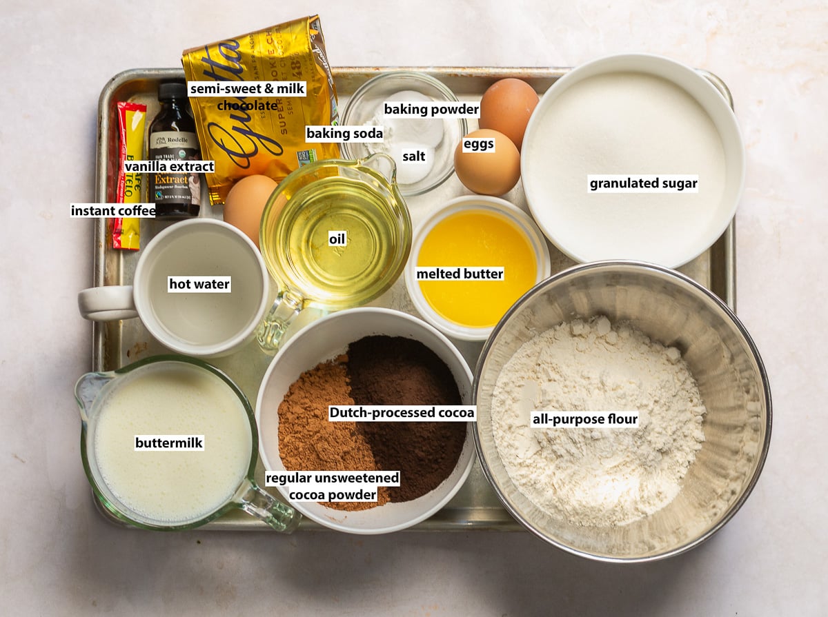 ingredients for double chocolate cake - cocoa powder, chocolate chips, butter, oil, all-purpose flour, sugar, eggs, buttermilk, coffee & vanilla.