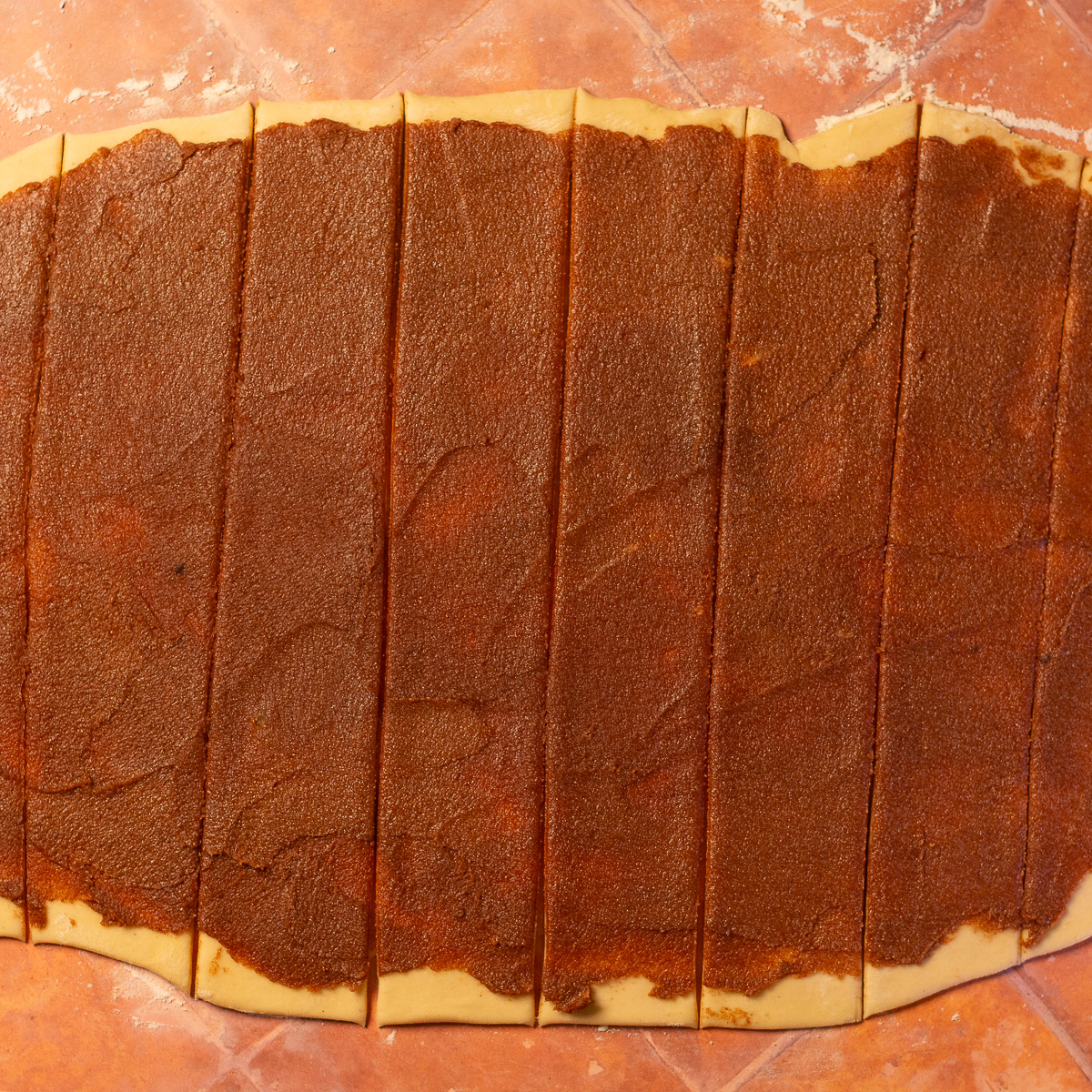 rolled out brioche dough spread with cinnamon sugar filling and cut into strips.