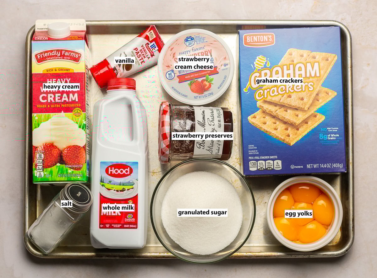 ingredients for strawberry cheesecake ice cream - strawberry cream cheese, heavy cream, whole milk, sugar, egg yolks, strawberry preserves, graham crackers, vanilla and salt.