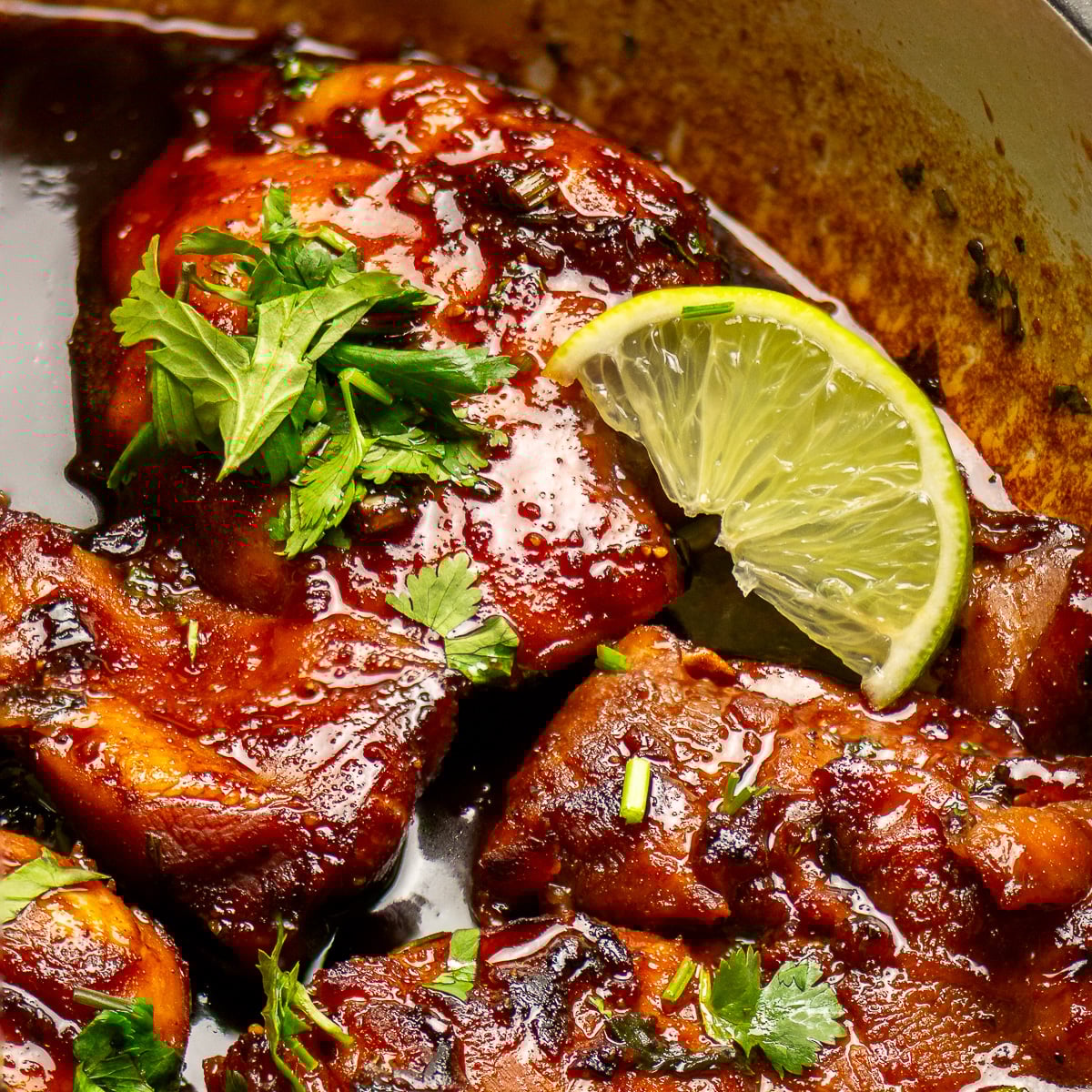 cilantro lime chicken thighs in a pan.