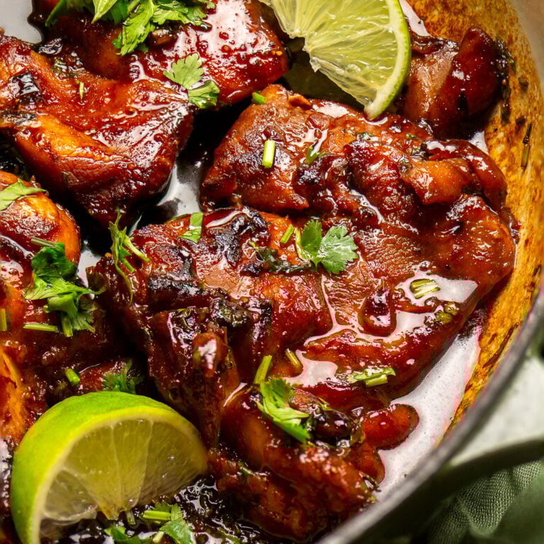 cilantro lime chicken thighs in a pan.