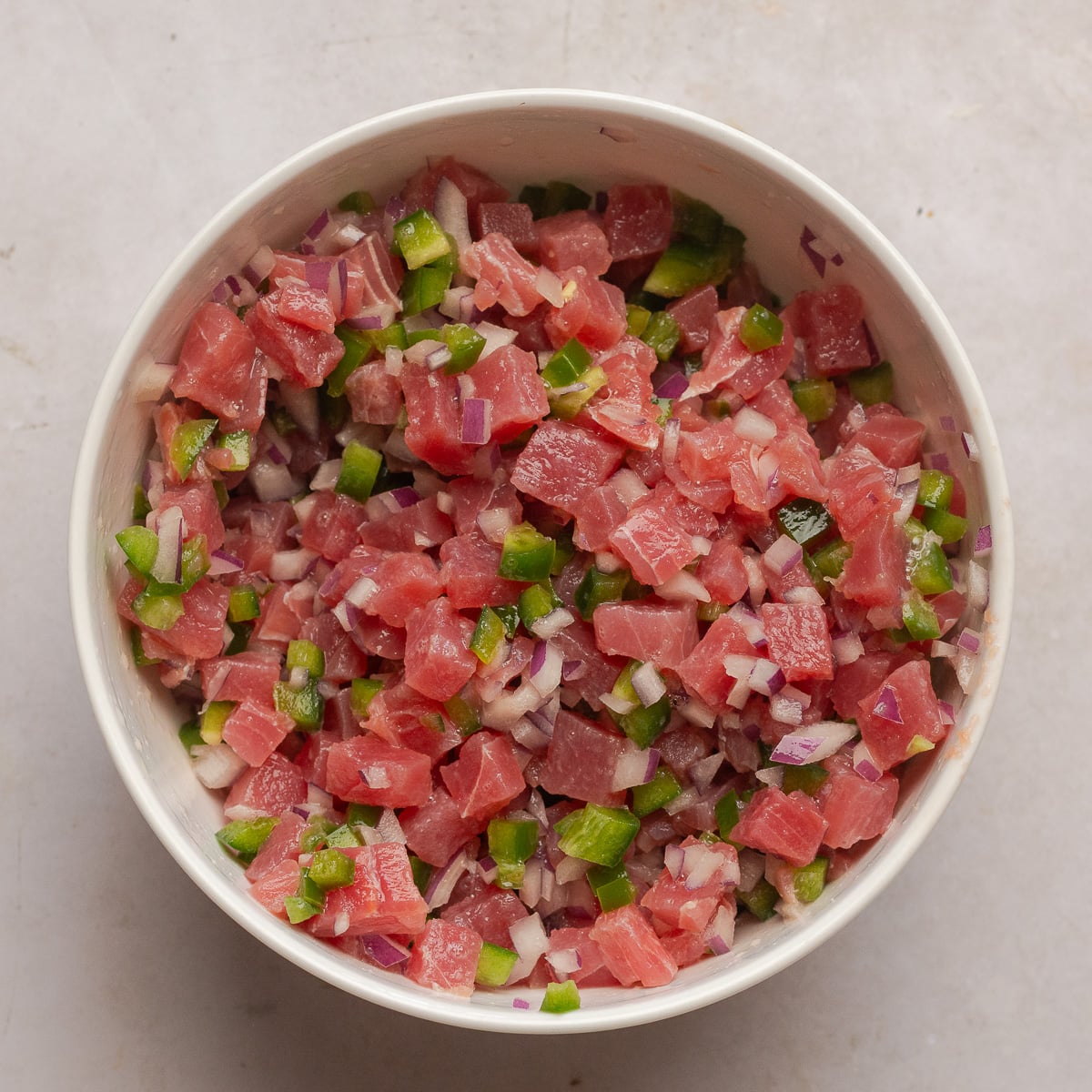 fresh ahi tuna ceviche in a bowl.
