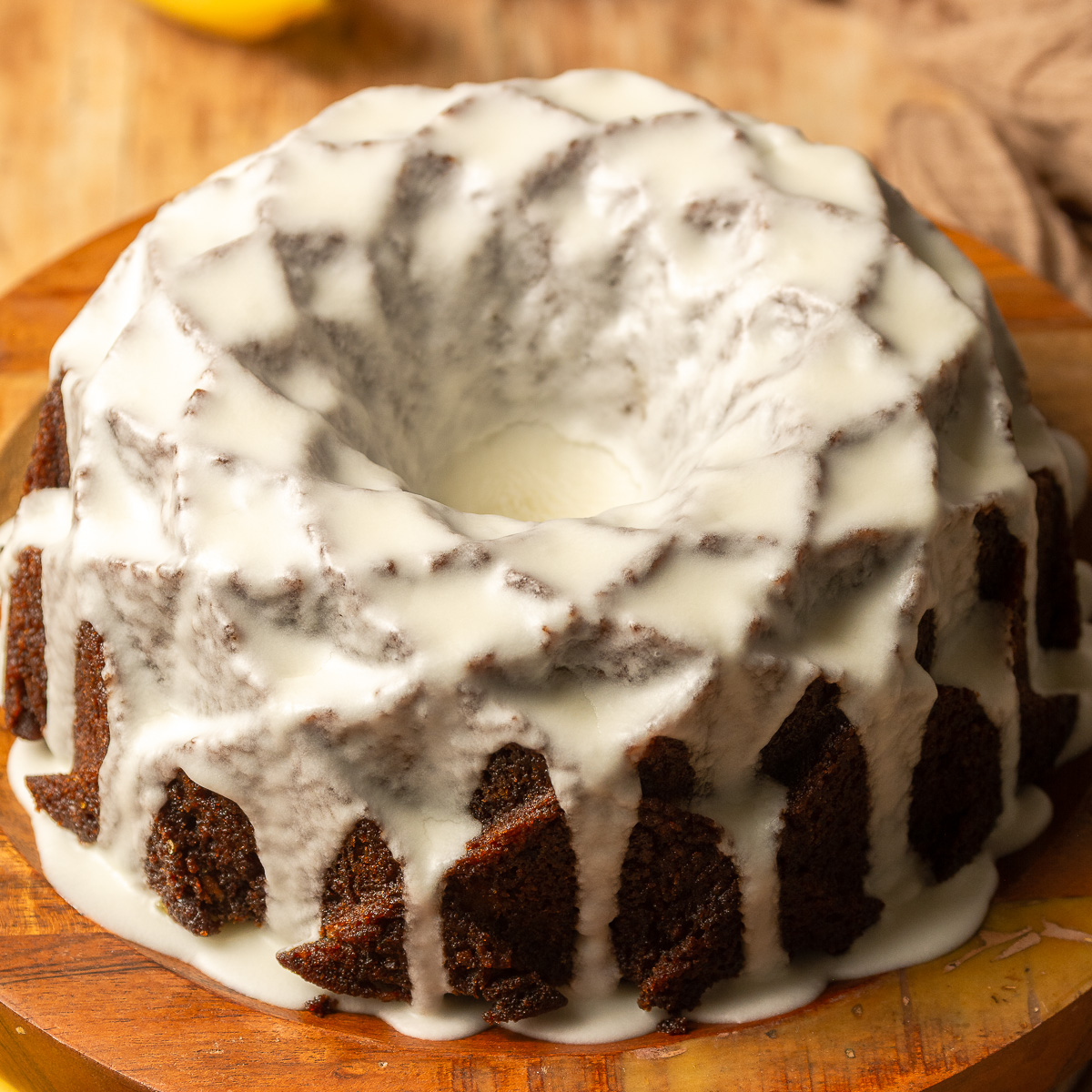 hummingbird bundt cake with lemon glaze.