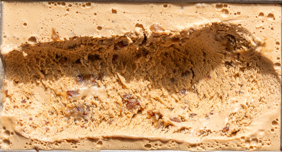 butter pecan ice cream in a loaf pan.