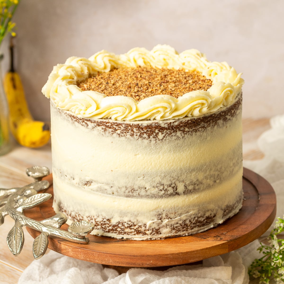 old-fashioned humming bird cake on a cake stand.